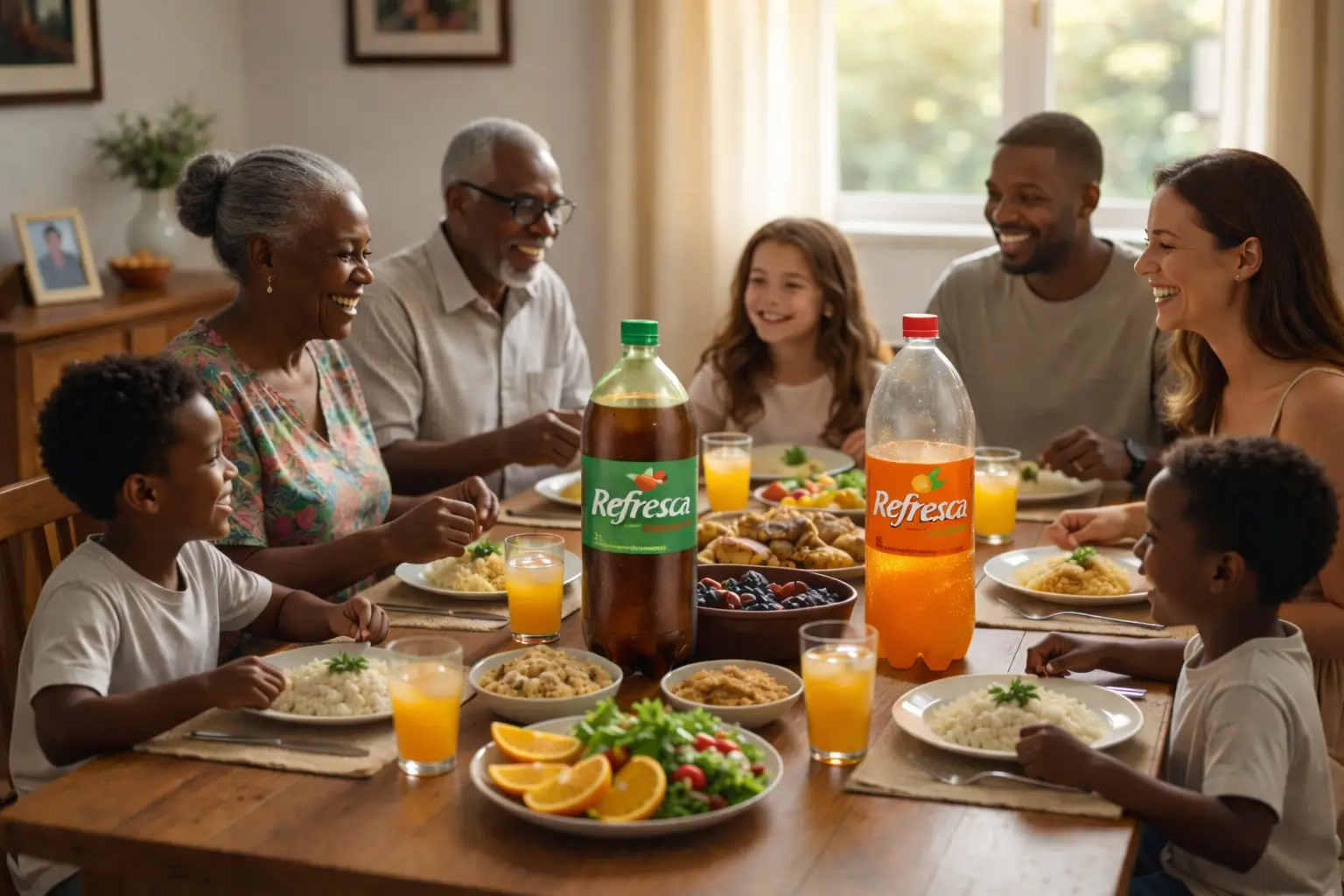 Família almoçando com Refresca